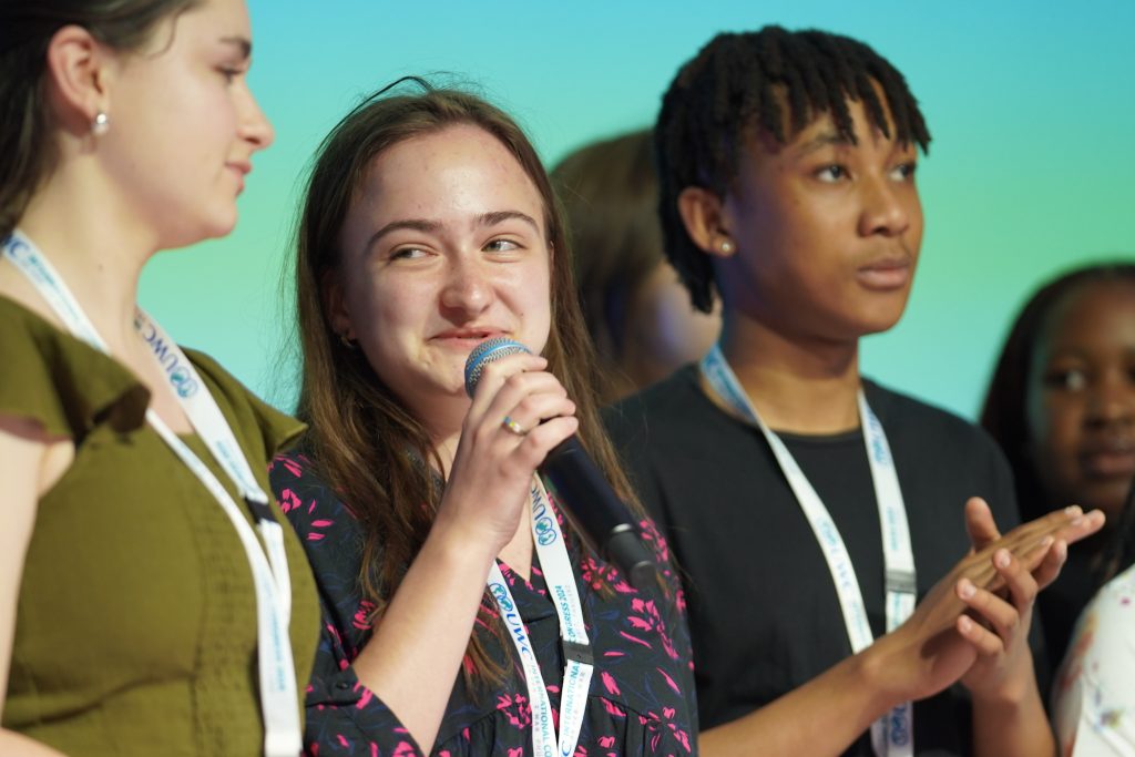 Student speaking in microphone