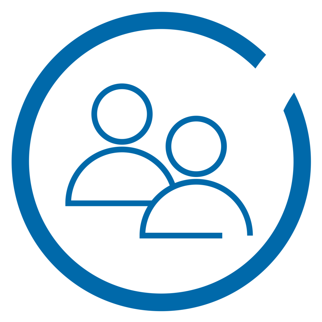 Outline graphic of the head and shoulders of two people